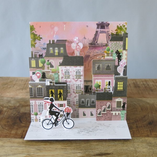 Pop Up Karte Paris Frau auf Fahrrad in der Stadt